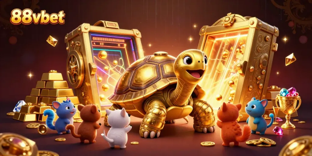 88vbet's thrilling gaming experience comes alive with a vibrant 3D illustration showcasing a unique tortoise pinball machine.