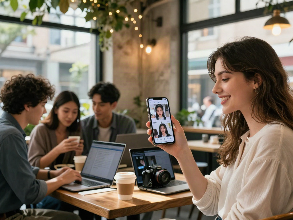 Young woman discovering which celebrities she looks like through a mobile app in a lively café.