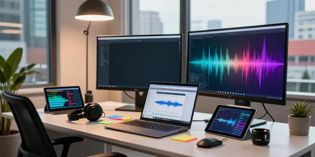 Online AI voice recording transcription in a modern workspace with digital tools and vibrant city view.