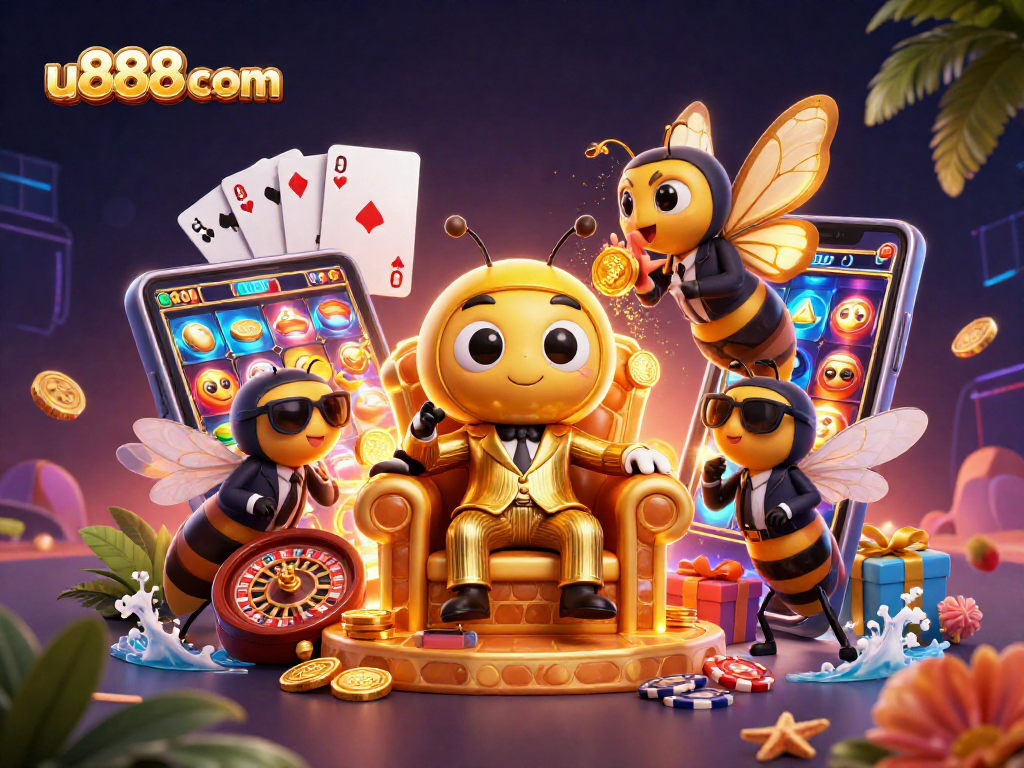 Win big with u888com: 3D illustration of a bumblebee mob boss surrounded by casino elements.