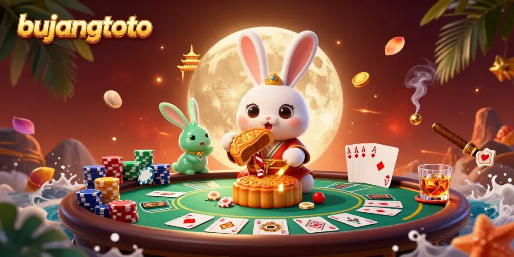 Experience the excitement of bujangtoto with a lively illustration featuring a moon rabbit surrounded by poker chips and games.