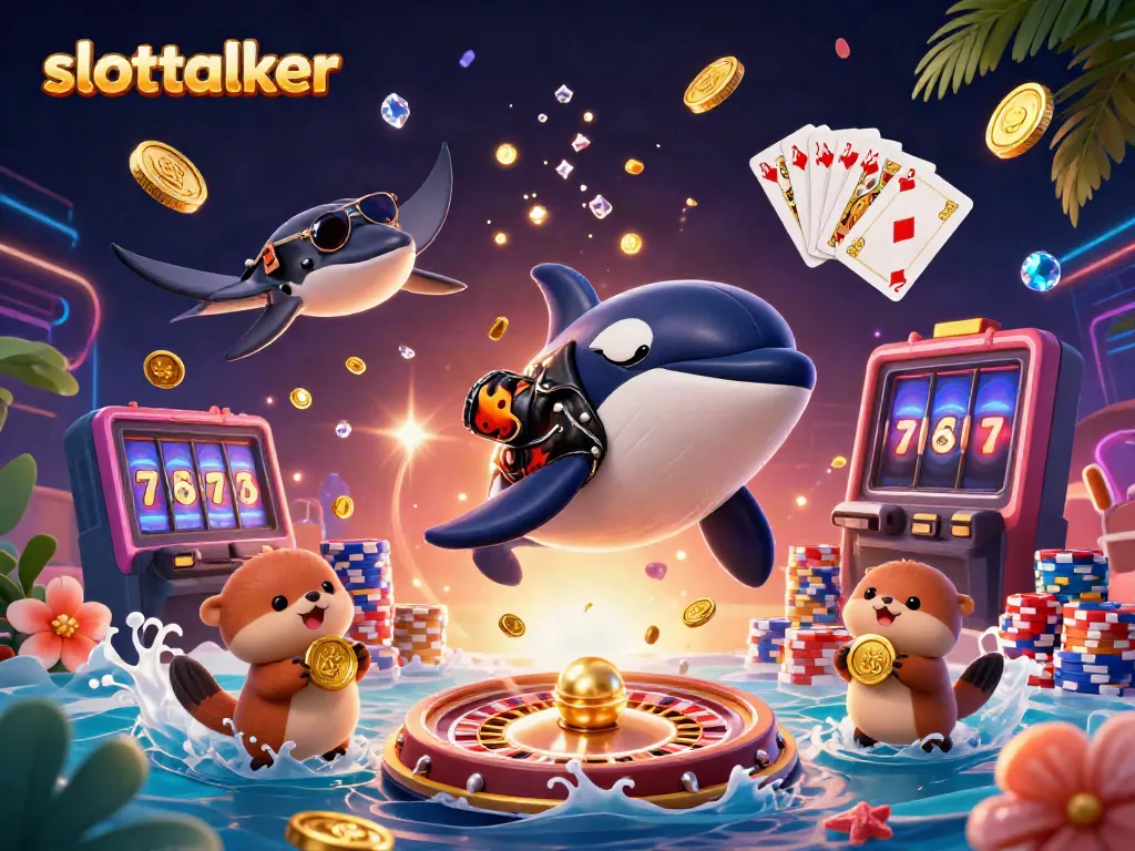 Experience thrilling adventures with slottalker as a cartoony orca and friends celebrate wins amidst vibrant casino elements.