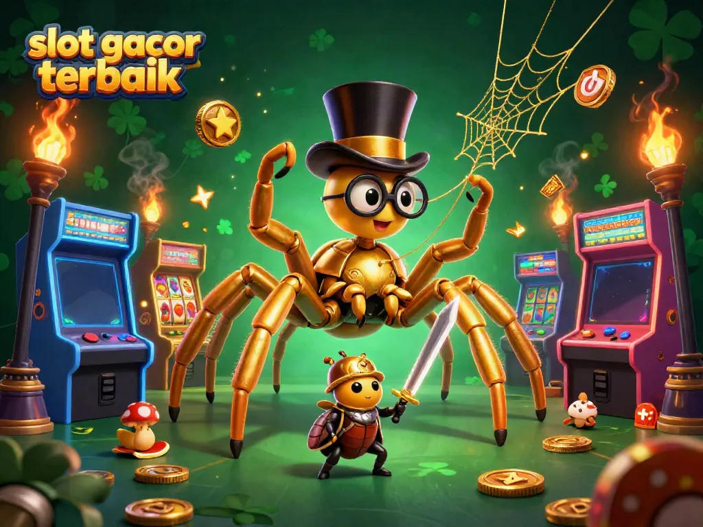 Permainan slot gacor terbaik dengan tarantula emas dan kesatria kecil, dikelilingi simbol slot dan koin berkilau.