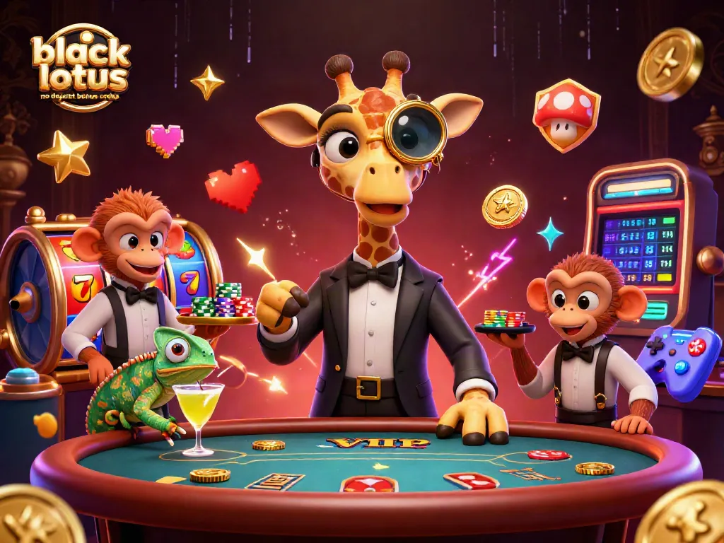 Play with black lotus no deposit bonus codes in a vibrant casino scene with colorful characters and games.