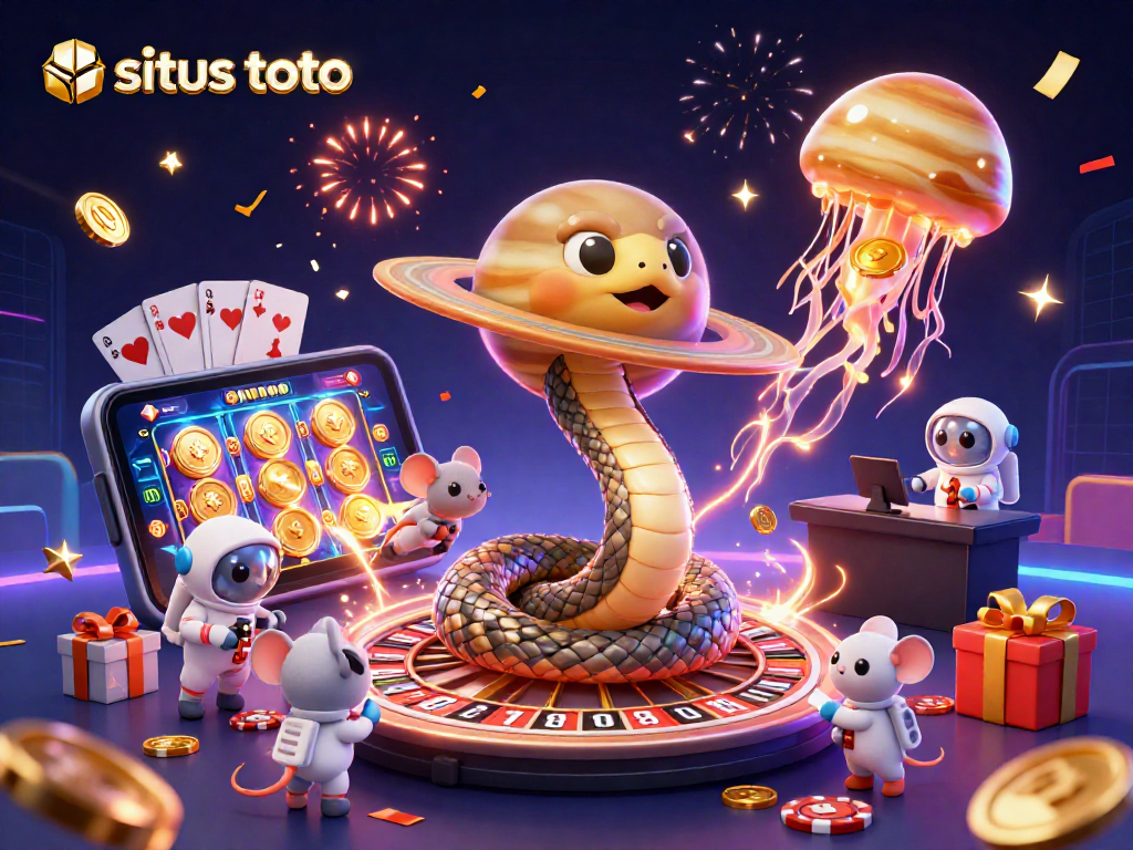 Pasang taruhan di situs toto dengan ular Saturnus menggenggam roda roulette dalam suasana perjudian yang meriah.