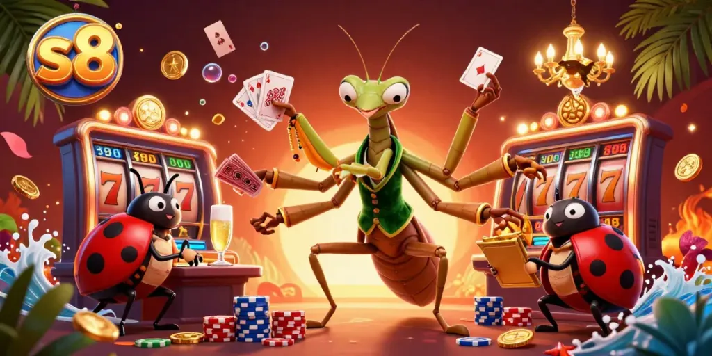 S8 casino scene featuring a giant mantis card sharp, slot reels, and vibrant jackpot elements.