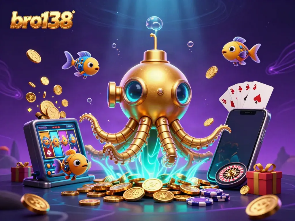 Join the adventure with bro138 as the kraken submarine surfaces in golden coins, showcasing exciting slot games.