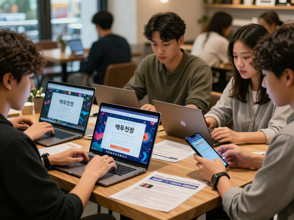 Community engaged in 먹튀검증 discussions at a modern café, verifying online gambling sites.