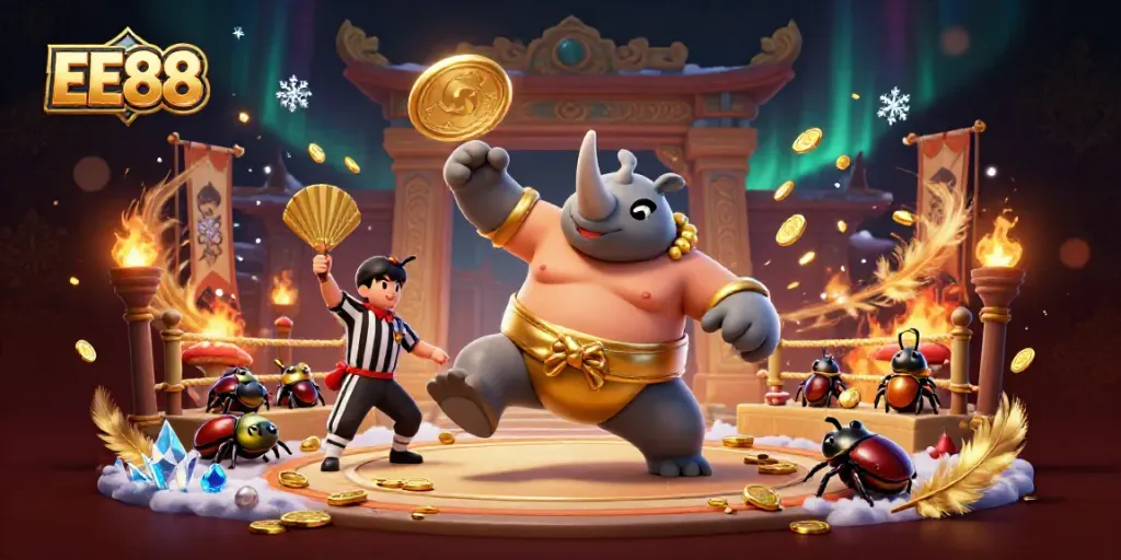 EE88 beetle champion stomping gold coins in dynamic casino scene.