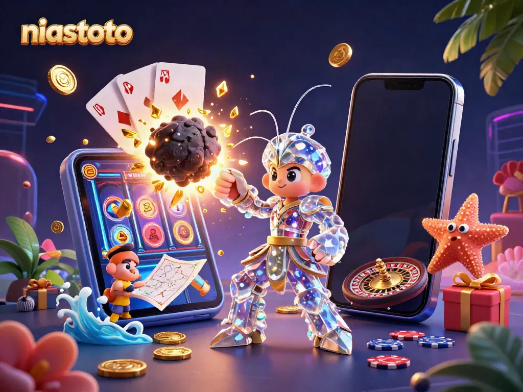 NIASTOTO cosmic slot gaming illustration featuring a mantis shrimp hero among gems and coins.
