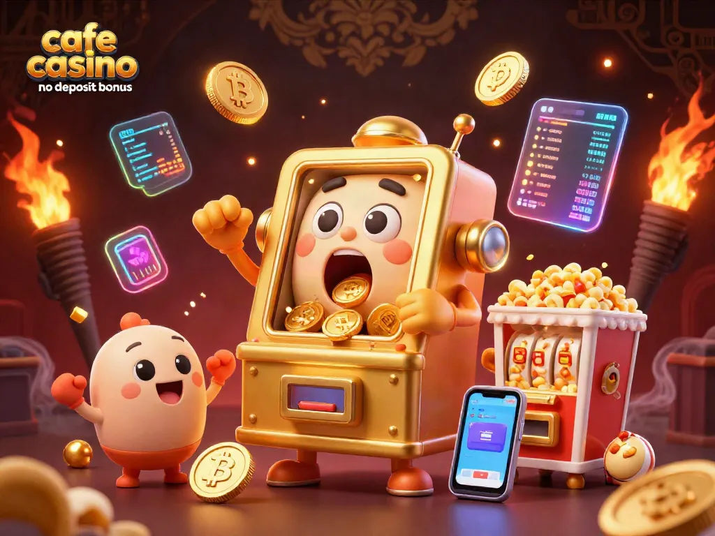 Experience the excitement of cafe casino no deposit bonus in a lively casino atmosphere, with golden slot machines and crypto coins.