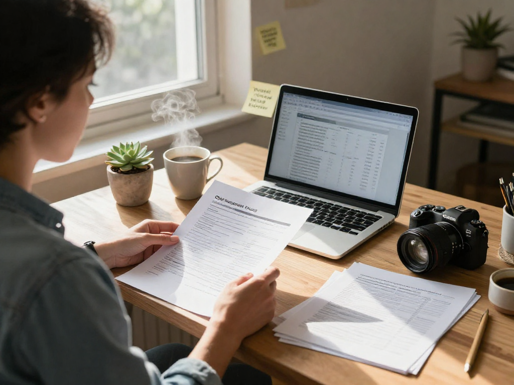Individual reviewing credit consolidation documents in a cozy home office.