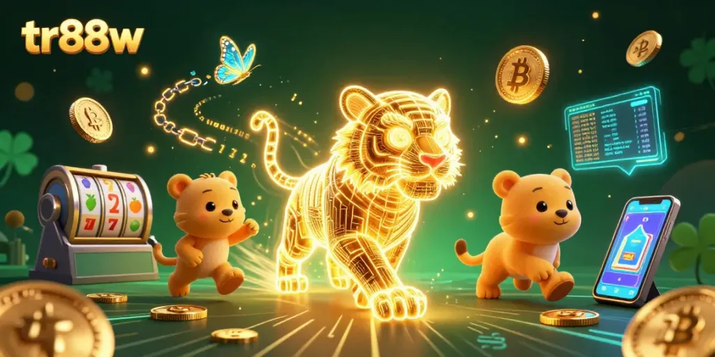 Win big with tr88w in this vibrant digital casino scene featuring a neon tiger and crypto coins.