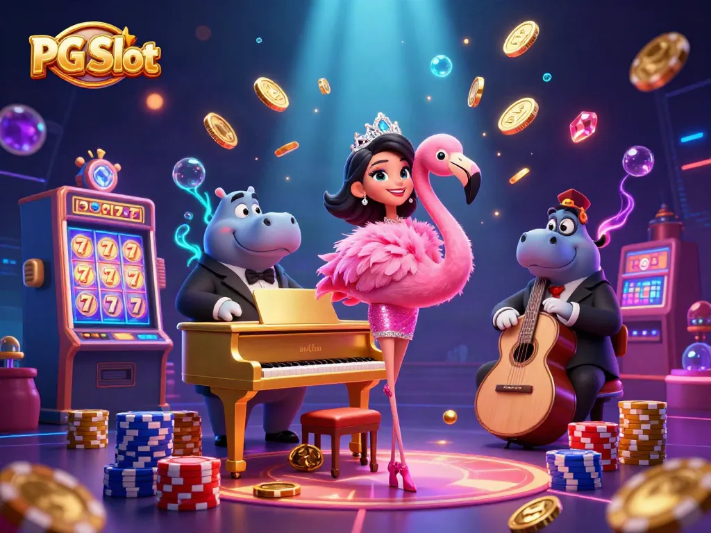 Pengalaman slots PG Slot yang meriah dengan karakter flamingo dan hippo di kasino