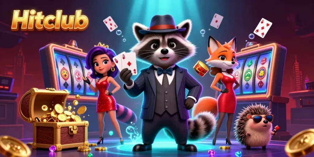 Hitclub players enjoying a vibrant casino scene with characters and slot reels.
