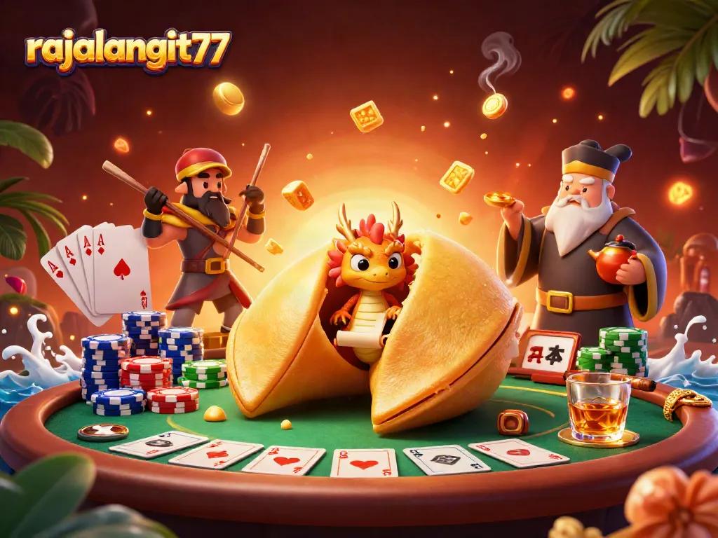 Engage in thrilling gameplay with rajalangit77 at a vibrant poker table, showcasing 3D characters and dynamic casino elements.