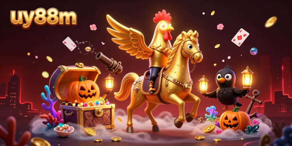 Experience the vibrant casino scene with uy88m, featuring a golden rooster and luminous elements.