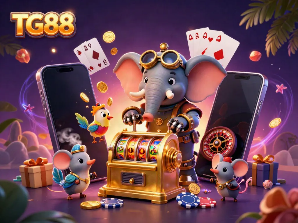 Experience thrilling slot action with TG88's animated steampunk elephant and casino elements.