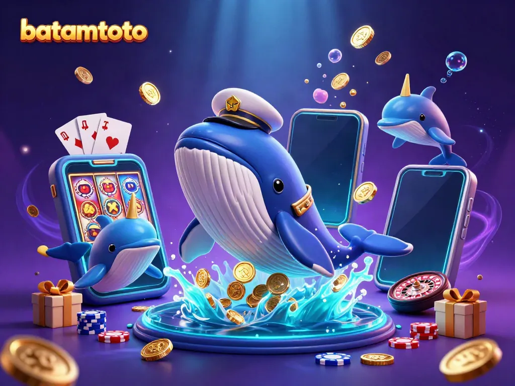 Experience the thrill of batamtoto with a vibrant scene of a cartoon whale breaching from coins, surrounded by playful dolphins and slot games.