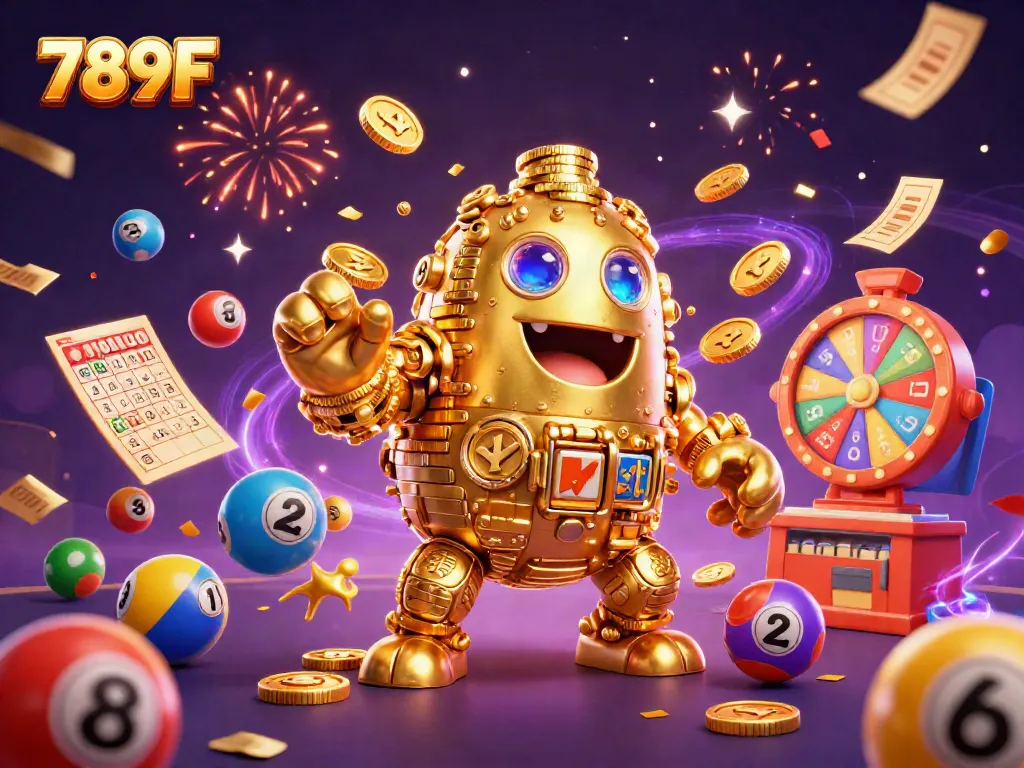 Experience exciting gameplay at 789F with colorful lottery balls and a golden golem amidst dynamic casino elements.