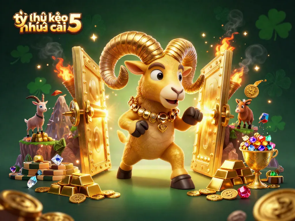 Engage with tỷ lệ kèo nhà cái 5 in a vibrant 3D scene filled with golden treasure and dynamic casino elements.