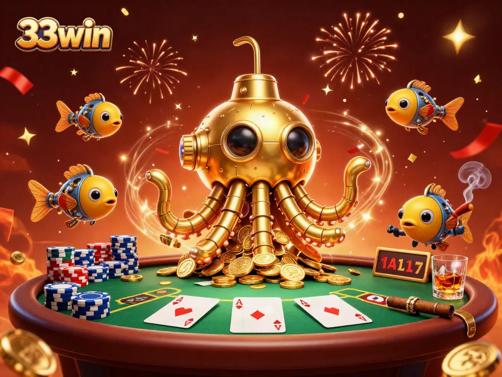 Experience the thrilling world of 33win with a dynamic scene of casino action and celebration.