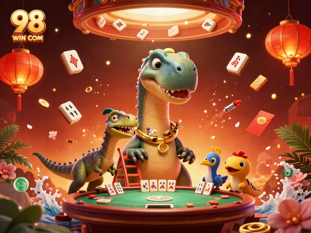 Experience thrilling card games at 98 WIN COM with a unique dinosaur-themed casino scene.