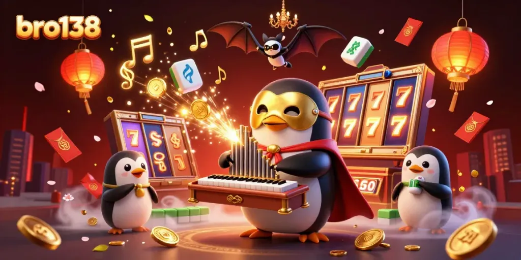 Experience the excitement of bro138 with a dynamic casino-themed illustration showcasing golden musical elements and vibrant slot games.