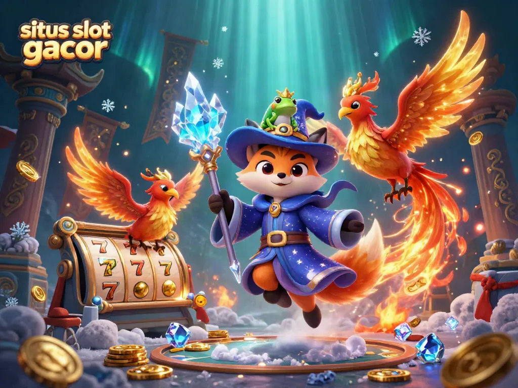 Gambarkan situs slot gacor dengan karakter ajaib menawan di atas panggung kasino yang penuh warna.