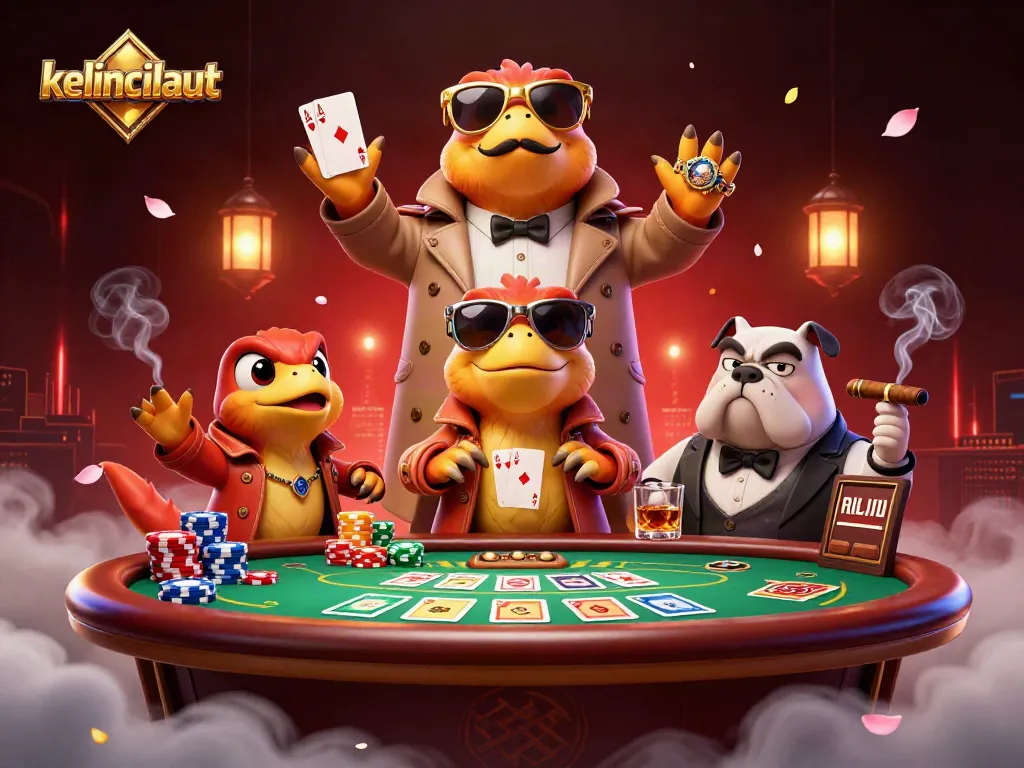 kelincilaut raptors hilariously attempt entry into a VIP casino lounge, amidst colorful poker elements.