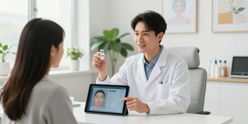 Innotox USA where to buy consultation scene with dermatologist and patient discussing treatment options.