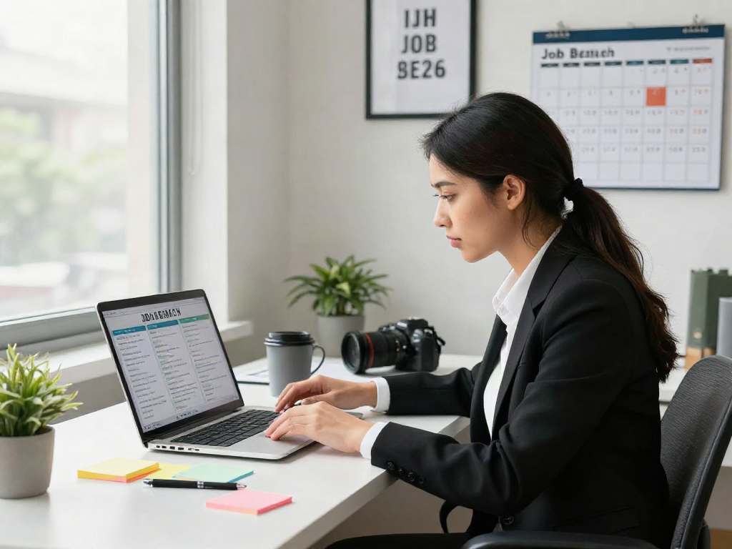 Engaging job search scene highlighting หางาน opportunities in a professional workspace.
