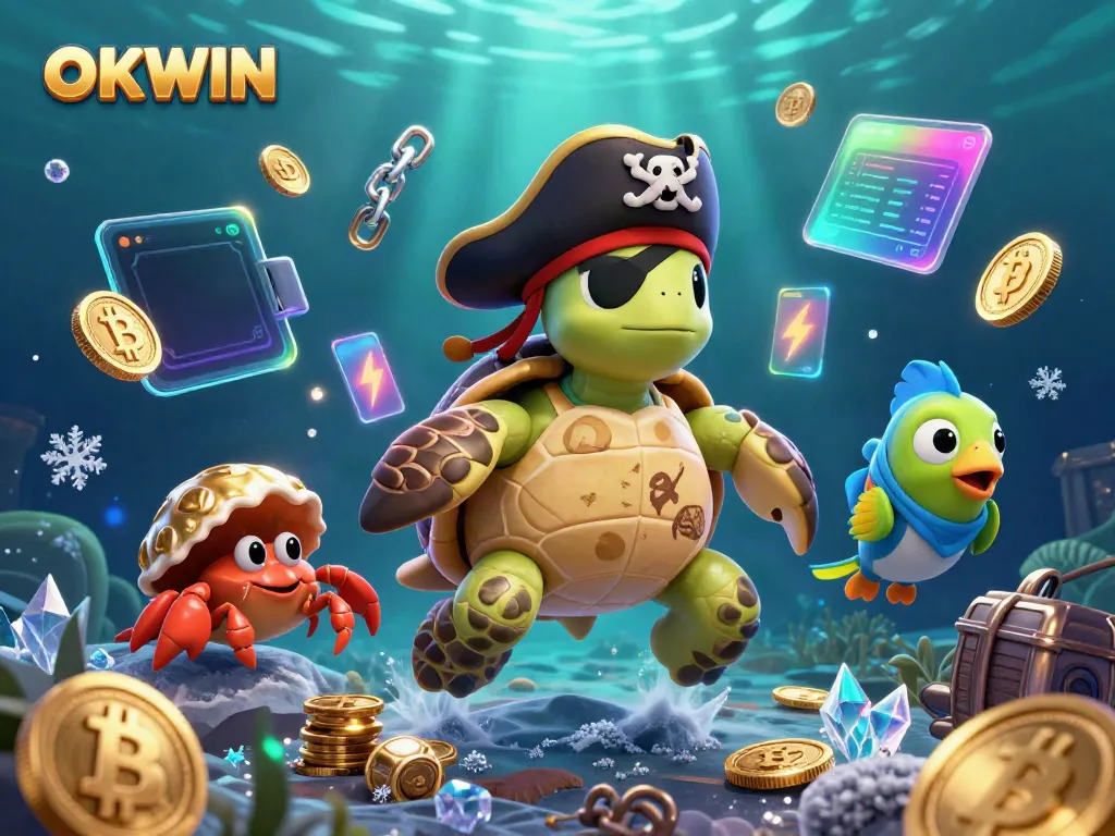 Engage with OKWIN's animated pirate turtle and friends above captivating treasure in this vibrant underwater scene.