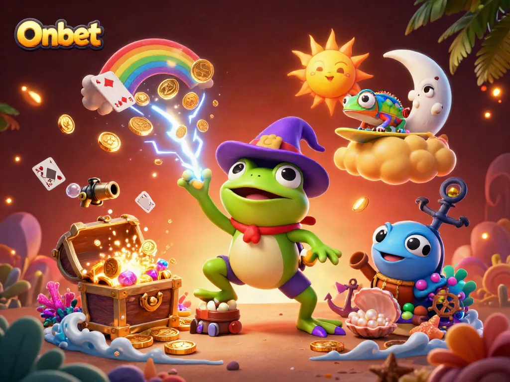 Experience thrilling Onbet casino adventures with magical characters surfacing gold coins and vibrant elements.