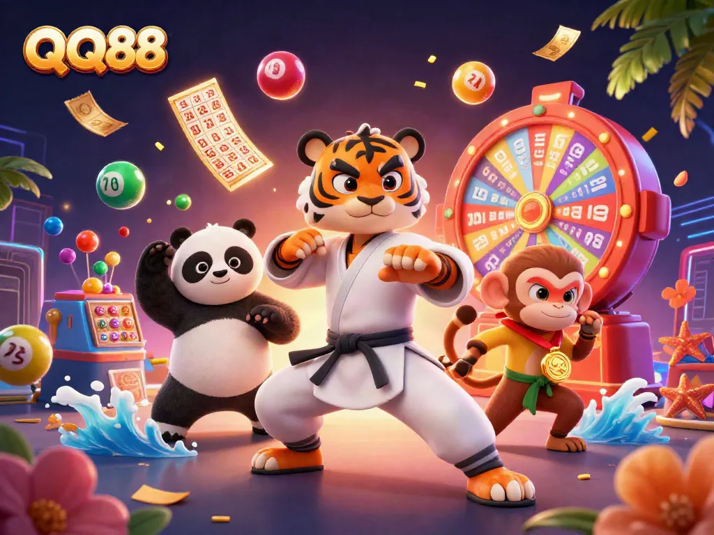 Engage in thrilling QQ88 gameplay while the kung fu tiger master trains disciples in a vibrant casino scene.